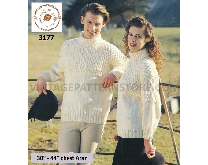 Ladies Womens Mens 90s polo neck cable cabled yoked drop shoulder dolman aran sweater jumper pdf knitting pattern 30" to 44" Download 3177