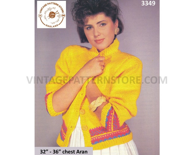 Ladies Womens 80s vintage fair isle banded aran raglan cardigan pdf knitting pattern 32" to 36" bust Instant PDF Download 3349