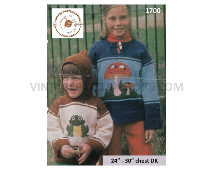 Girls Boys 70s vintage DK frog toad toadstool intarsia motif raglan hoodie and sweater jumper pdf knitting pattern 24" to 30" Download 1700