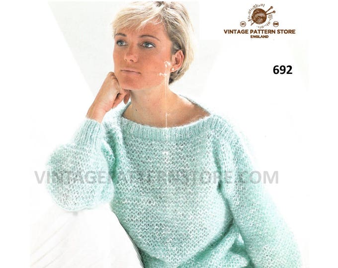 Ladies Womens 90s easy to knit slash neck drop shoulder aran sweater jumper pdf knitting pattern 28" to 40" chest Instant PDF download 692