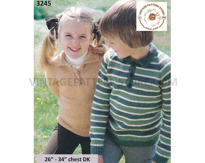 Girls Boys 80s vintage DK easy to knit plain & striped shirt neck sweater jumper pullover pdf knitting pattern 26" to 34" PDF download 3245