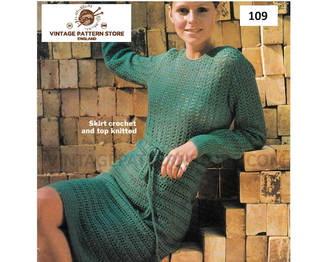 Ladies Womens 60s vintage lacy lace 4 ply skirt pdf crochet pattern & round neck sweater jumper pdf knitting pattern 34" to 38" Download 796