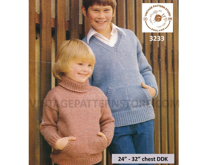 Boys Girls 70s vintage easy to knit DDK V or polo neck raglan sweater jumper with pockets pdf knitting pattern 24" to 32" PDF Download 3233