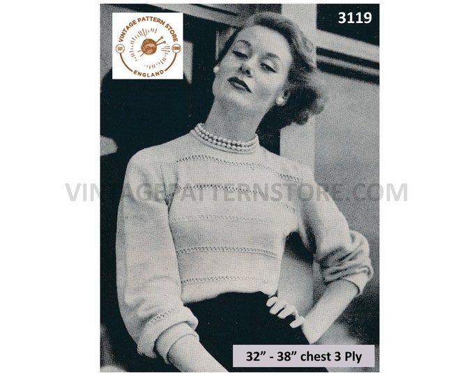 Ladies Womens 50s vintage 3 ply round neck openwork lacy lace striped raglan sweater jumper pdf knitting pattern 32" to 38" Download 3119