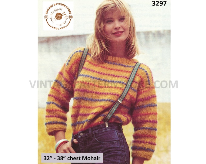 Ladies Womens 80s vintage round neck drop shoulder striped mohair dolman sweater jumper pdf knitting pattern 32" to 38" bust Download 3297