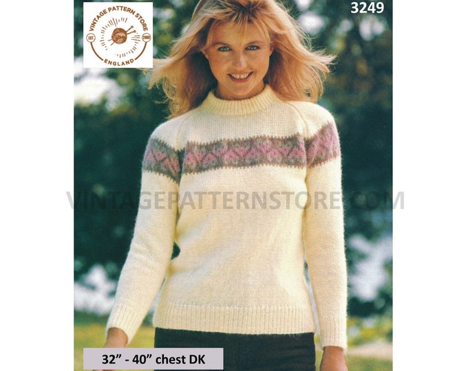 Womens Ladies 80s vintage DK crew neck fair isle banded ypoke yoked raglan sweater jumper pdf knitting pattern 32" to 40" PDF download 3249