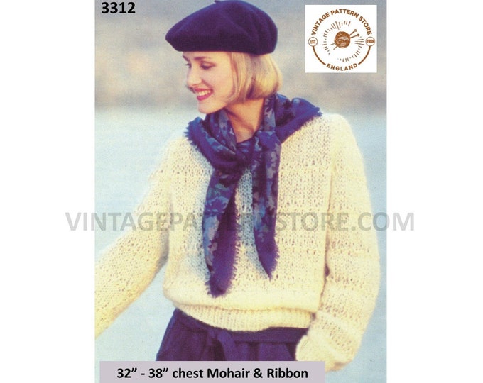 Womens Ladies 80s vintage DK lacy lace striped raglan sweater jumper pdf knitting pattern 32" to 38" bust Instant PDF Download 3312