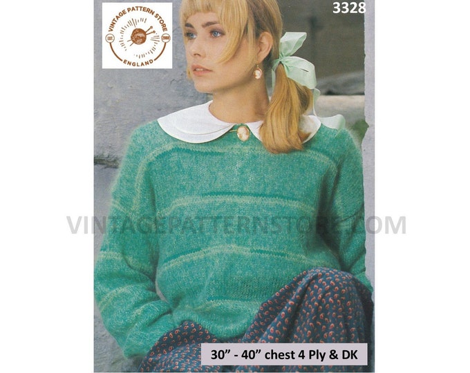 Ladies Womens 80s vintage easy to knit drop shoulder striped 4 ply & DK dolman sweater pdf knitting pattern 30" to 40" bust Download 3328