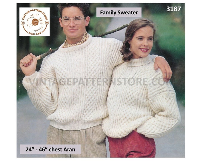 Ladies Womens Mens Boys Girls family polo crew neck cabled drop shoulder dolman aran sweater pdf knitting pattern  24" to 46" Download 3187