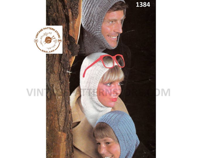 Ladies Womens Mens Boys Girls 70s vintage simple and easy to knit 4 ply family balaclava pdf knitting pattern ages 8 to adult Download 1384