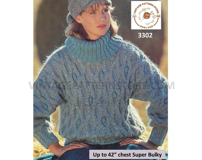 Ladies Womens 80s vintage super bulky knit roll neck cable drop shoulder dolman sweater jumper knitting pattern UP to 42" PDF Download 3302