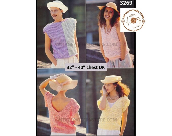 Ladies Womens 90s DK V scoop boat neck & backless slipover sweater vest summer top pdf knitting pattern 32" to 40" Instant PDF Download 3269
