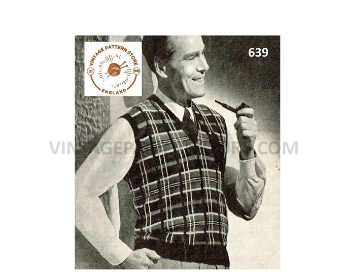 Mens Mans 30s vintage 3 ply V neck tartan fair isle banded sleeveless sweater vest tank top pdf knitting pattern 40" chest PDF download 639