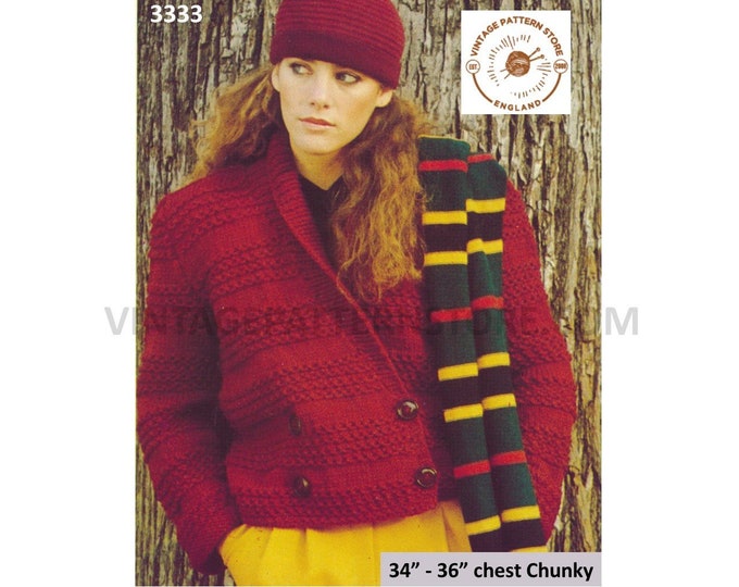 Ladies Womens 80s V neck shawl collar double breasted chunky knit striped raglan jacket pdf knitting pattern 34" to 36" bust Download 3333