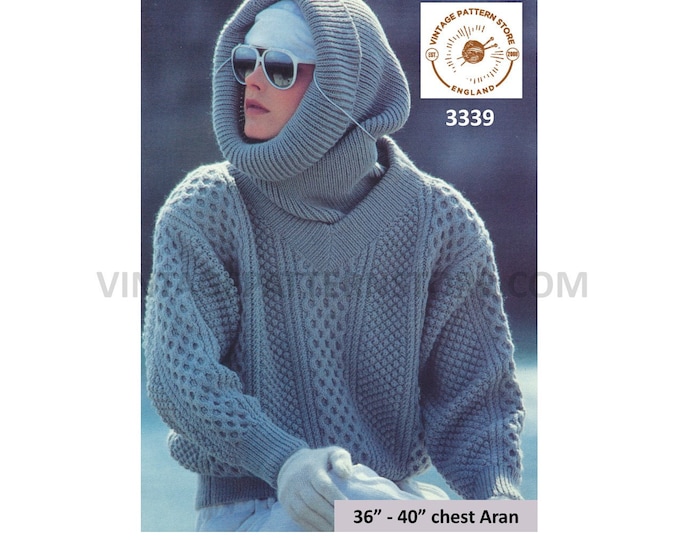 Womens Ladies 80s V neck texture and cable dolman aran sweater jumper & easy to knit cowl pdf knitting pattern 36" to 40" bust Download 3339