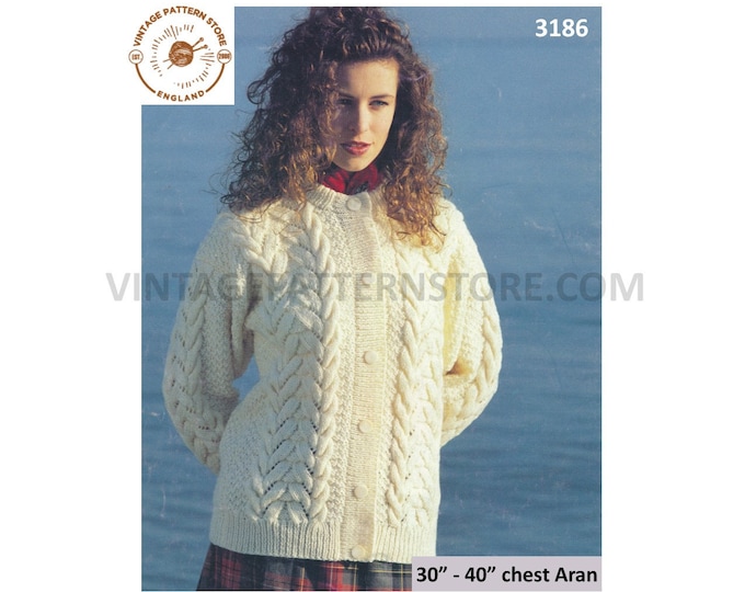 Ladies Womens 90s round neck drop shoulder cabled cable & texture dolman aran jacket cardigan pdf knitting pattern 30" to 40" Download 3186