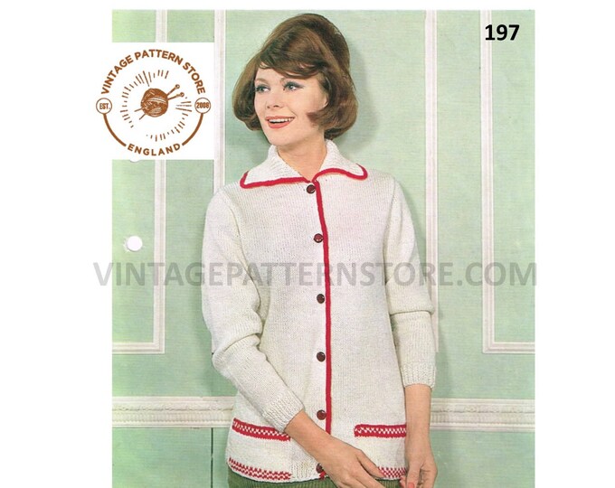 Ladies Womens 60s vintage DK round neck contrast edge raglan chanel cardigan jacket pdf knitting pattern 32" to 39" chest PDF Download 197