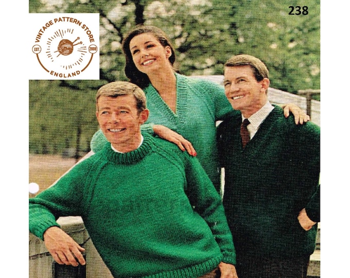 Womens Ladies Mens 80s chunky crew or V neck simple and easy to knit raglan sweater jumper pdf knitting pattern 34" to 44" PDF Download 238