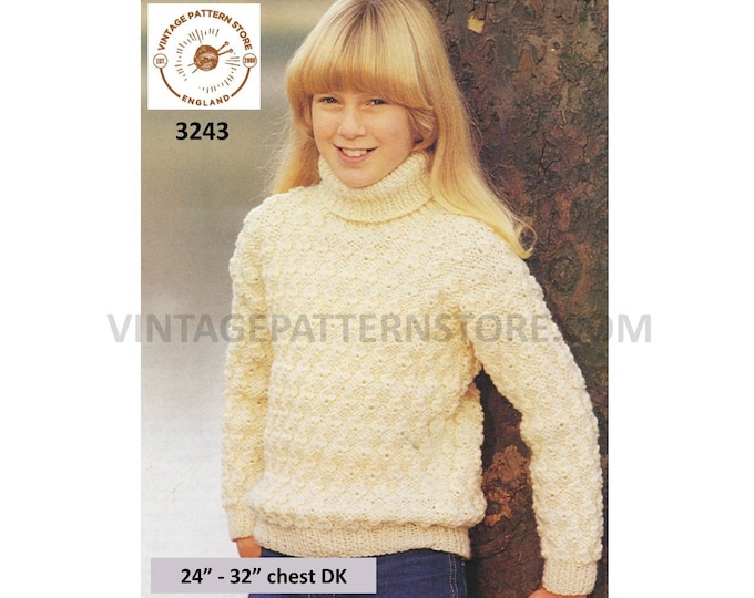 Girls 80s vintage DK turtleneck polo neck textured drop shoulder raglan sweater jumper pdf knitting pattern 24" to 32" Instant Download 3243