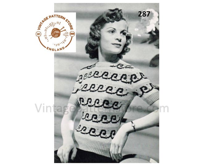 Ladies Womens 40s vintage 3 ply crew neck fair isle banded short sleeve raglan Summer sweater pdf knitting pattern 32" chest Download 287