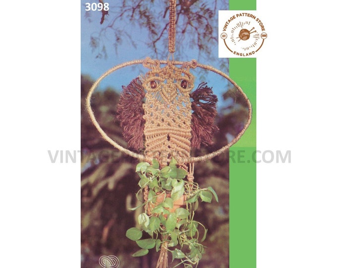 70s vintage macrame owl plant hanger pdf macrame pattern, 70s vintage retro indoor garden gardening 4 foot Long Instant PDF download 3098