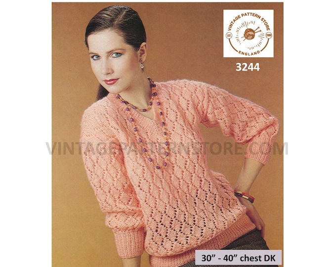 Ladies Womens 80s vintage V neck lacy diamond eyelet lace raglan DK sweater jumper pdf knitting pattern 30" to 40" chest PDF download 3244