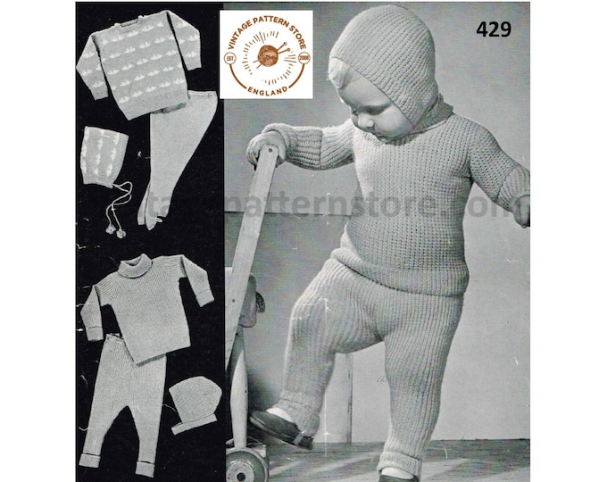 Baby romper knitting pattern, Toddlers baby walking suit pattern, Baby fair isle sweater bonnet pattern - ages 1 - 2 years PDF Download 429