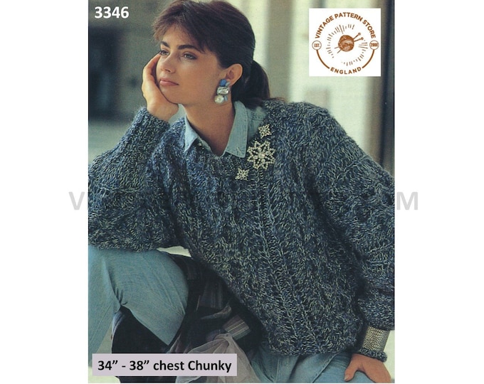Womens 80s vintage round neck drop shoulder cable cabled chunky knit dolman sweater jumper pdf knitting pattern 34" to 38" Download 3346