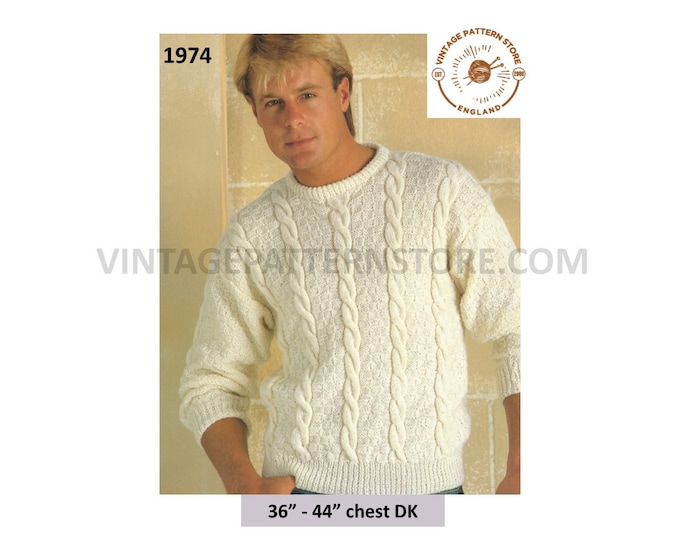 Mens Mans 90s DK round neck twist cable cabled check panel drop shoulder dolman sweater jumper pdf knitting pattern 36" to 44" Download 1974