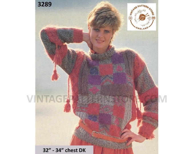 Ladies Womens 80s vintage check and tassel colour blocked intarsia raglan sweater jumper knitting pattern 32" - 34" chest PDF Download 3289