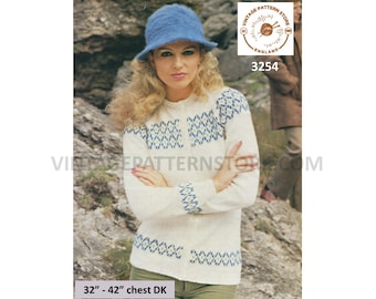 Ladies Womens 80s vintage DK round neck fair isle banded raglan cardigan jacket pdf knitting pattern 32" to 42" Instant PDF download 3254
