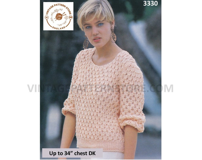 Ladies Womens 80s vintage DK scoop neck lacy lace raglan summer sweater jumper pdf knitting pattern Up to 34" bust Instant PDF Download 3330