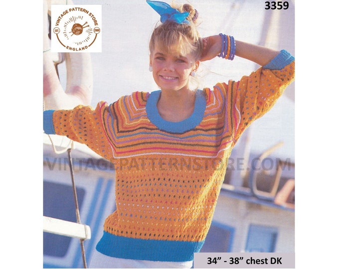Ladies Womens 80s vintage scoop neck spot & striped dolman DK sweater jumper pdf knitting pattern 34" to 38" bust Instant PDF Download 3359