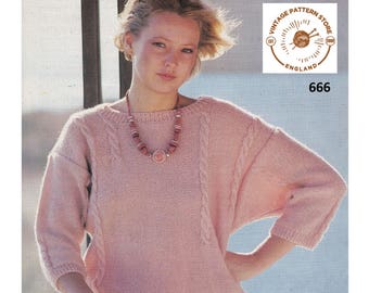 90s Batwing Cable Sweater Knitting Pattern, Dolman Sleeve (PDF Download) 32" - 40" Bust
