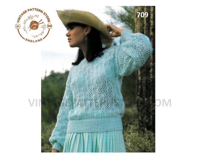 Ladies Womens 90s round neck diamond eyelet lace lacy DK dolman sweater jumper pdf knitting pattern 30" to 44" chest PDF download 709
