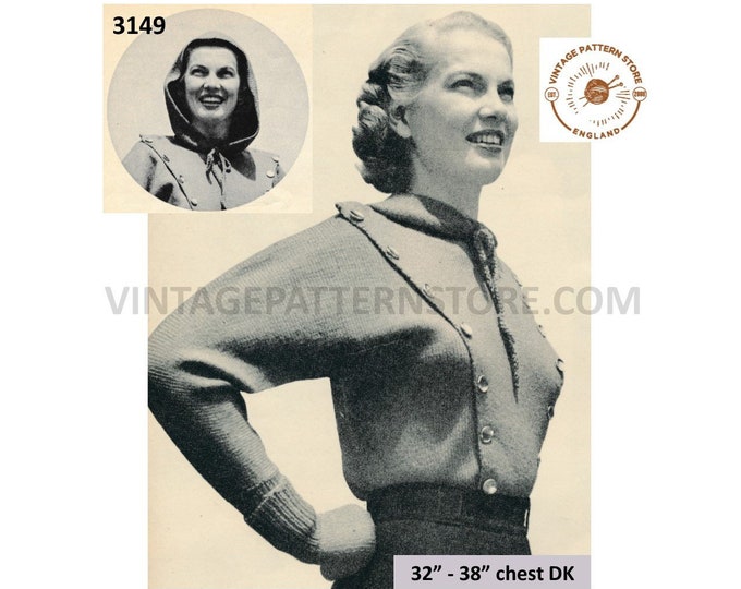 Ladies 50s sweater knitting patterns, Ladies Womens 50s hooded panel sweater & mittens pattern - 32" - 38" Bust - PDF Download 3149