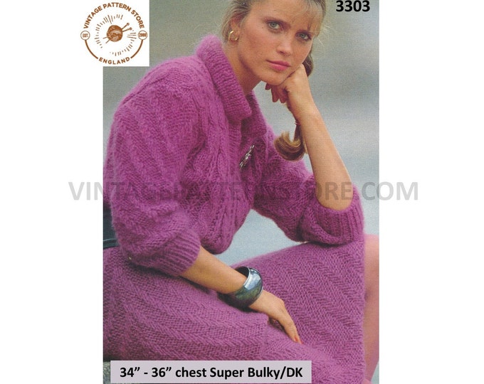 Ladies Womens 80s super bulky knit V neck collared cable cabled raglan long line sweater dress pdf knitting pattern 34" to 36" Download 3303