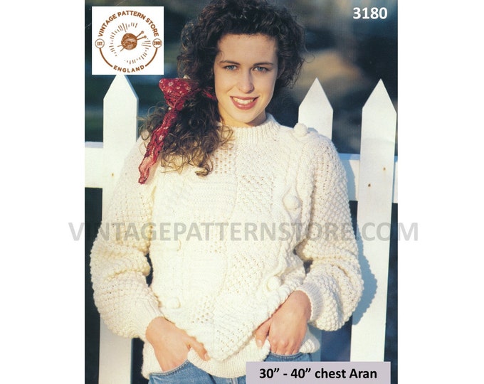 Ladies Womens 90s crew neck cable & texture check drop shoulder dolman aran sweater jumper pdf knitting pattern 30" to 40" Download 3180