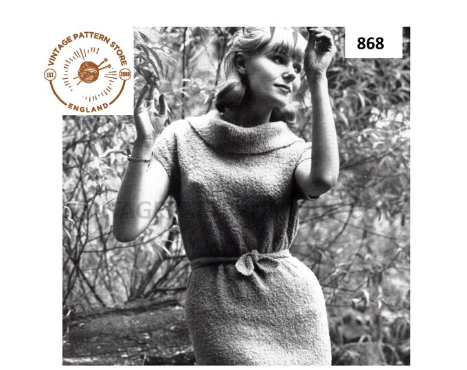 Ladies Womens 50s vintage easy to knit DK cowl neck cap sleeve belted sweater dress pdf knitting pattern 34" to 38" chest PDF download 868