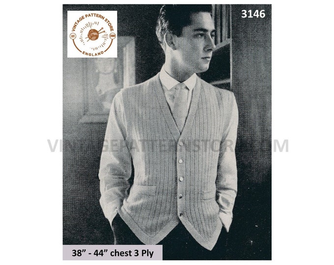 Mens 50s waistcoat knitting patterns, Mens 50s shaped hem ribbed 3 ply waistcoat pattern - 38" - 44" chest PDF Download 3146