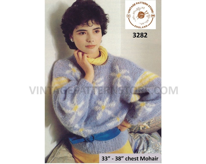 Womens Ladies 80s floral daisy intarsia round neck drop shoulder dolman mohair sweater jumper pdf knitting pattern 33" to 38" Download 3282