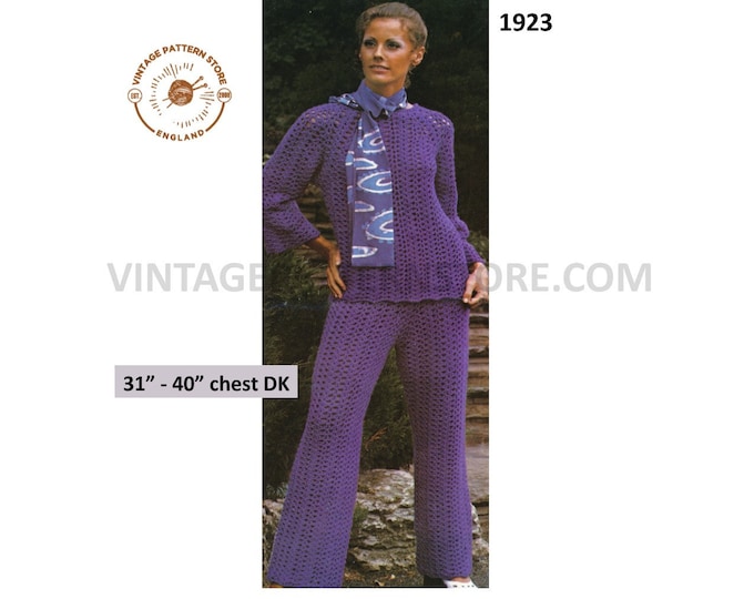 Ladies Womens 70s vintage DK flares flared trouser suit with round neck raglan sweater jumper pdf crochet pattern 31" to 40" Download 1923