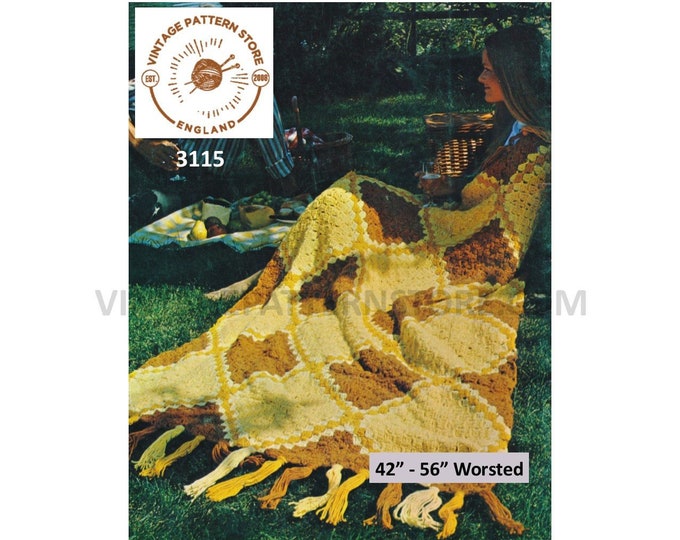70s vintage worsted diamond intarsia afghan throw pdf crochet pattern 42" by 56" Instant PDF download 3115