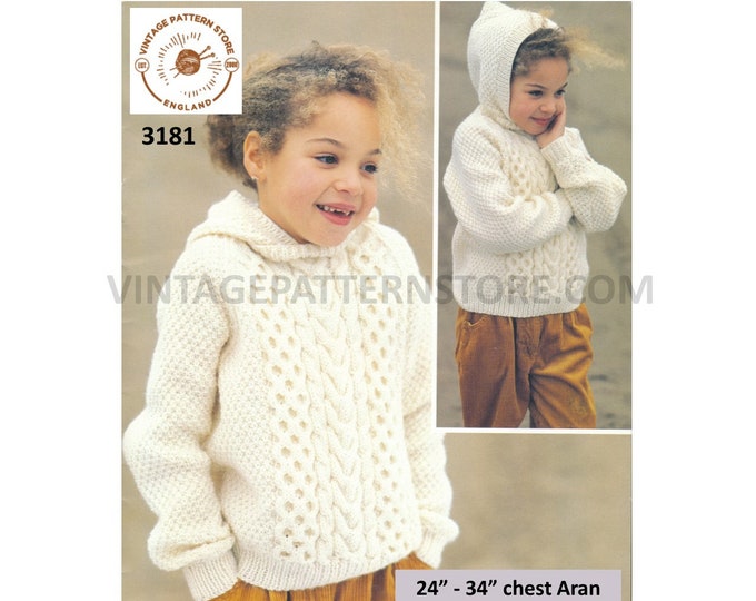 Girls Boys 90s cable panel cabled raglan aran hoodie hooded sweater jumper with hood pdf knitting pattern 24" to 34" chest PDF download 3181