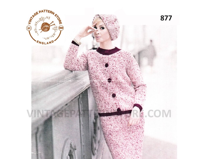 Ladies Womens 60s vintage aran and DK 2 colour round neck raglan jacket skirt and beret hat pdf knitting pattern 34" to 42" Download 877
