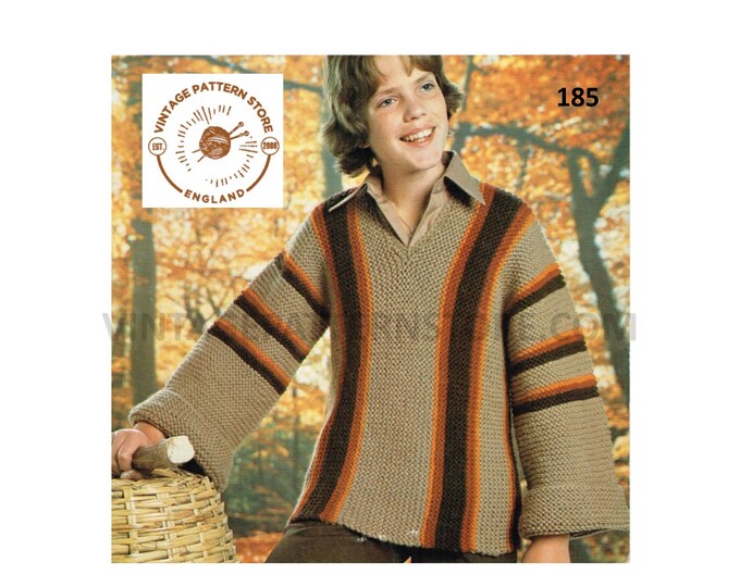Boys 70s vintage DK V neck collared flared sleeve tabard sweater jumper pdf knitting pattern 26" to 32" chest Instant PDF Download 185