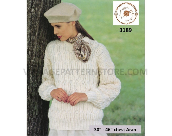 Womens Ladies 90s crew neck cable cabled drop shoulder dolman aran sweater jumper pdf knitting pattern 30" to 46" chest PDF download 3189
