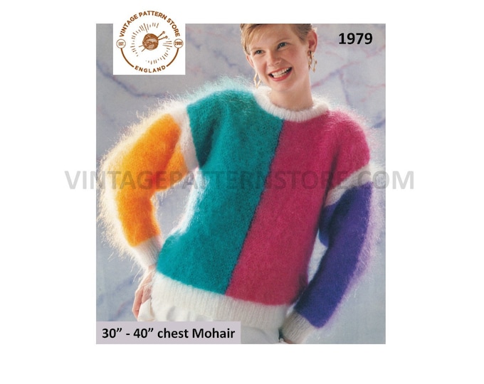 Ladies Womens round neck colour blocked geometric drop shoulder mohair dolman sweater jumper pdf knitting pattern 30" to 40" Download 1979