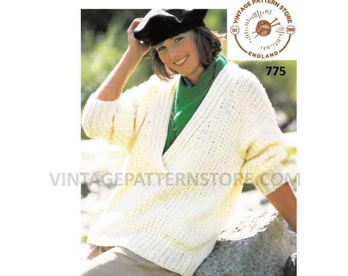 Ladies Womens 90s V neck chunky knit drop shoulder dolman sweater jumper pdf knitting pattern 28" to 38" chest Instant PDF download 775