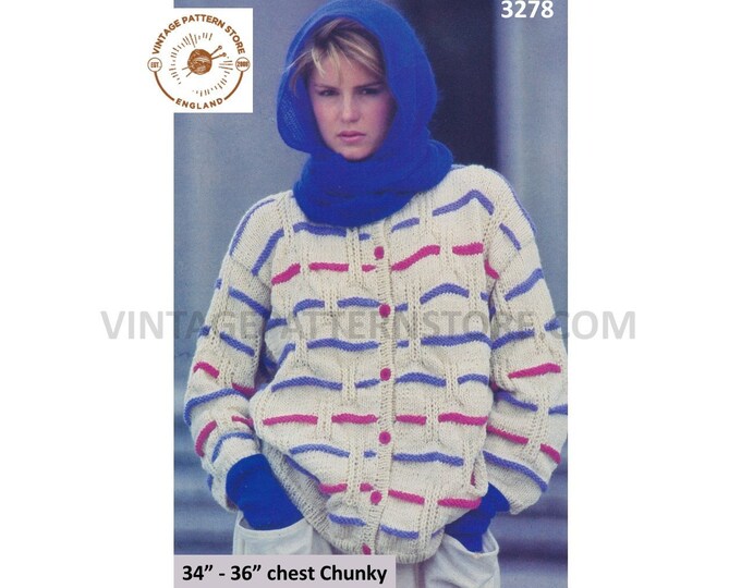 Womens Ladies 80s horizontal cable cabled striped chunky knit drop shoulder dolman cardigan pdf knitting pattern 34" to 36" Download 3278